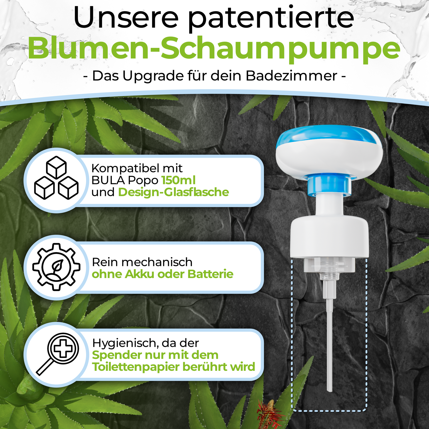 BULA Popo Blumen-Schaumpumpe inkl. selbstklebende Halterung (OHNE NOTWENDIGE BULA POPO SCHAUM 150 ml FLASCHE)